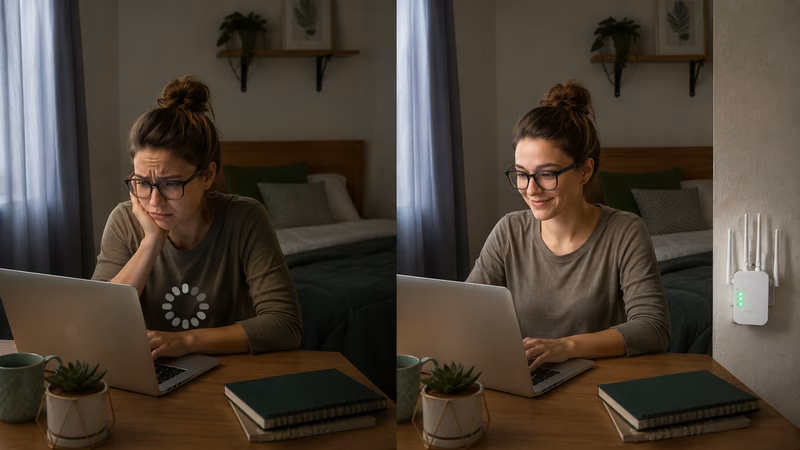 Frustrierte Frau auf einer Couch, die auf einen Ladebildschirm auf ihrem Laptop starrt.