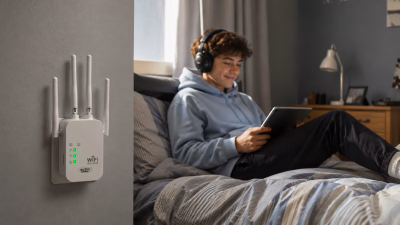 Ondes de signal vertes et lumineuses émanant d'un répéteur mural blanc compact.